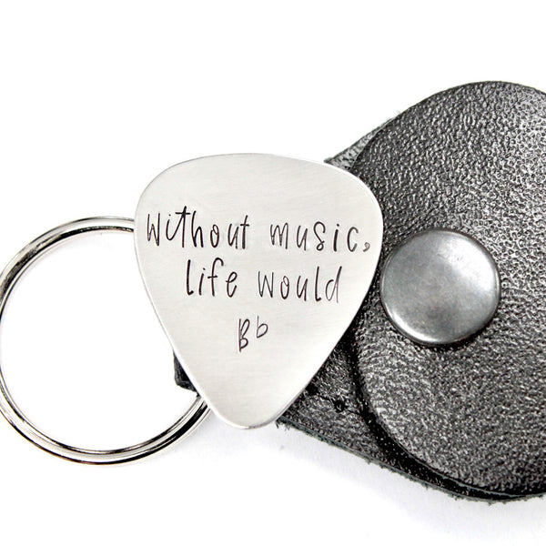 "Without Music, Life Would B Flat" Hand stamped Guitar Pick, Keychain or Wrap Bracelet