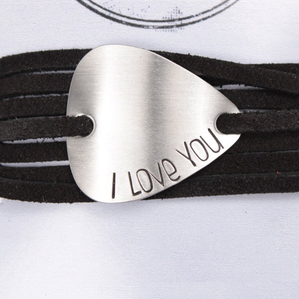 "I love you" Hand stamped Guitar Pick Wrap Pick Bracelet - READY TO SHIP