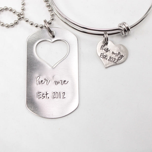 "Her One" & "His Only" dog tag with heart cut out & Heart set