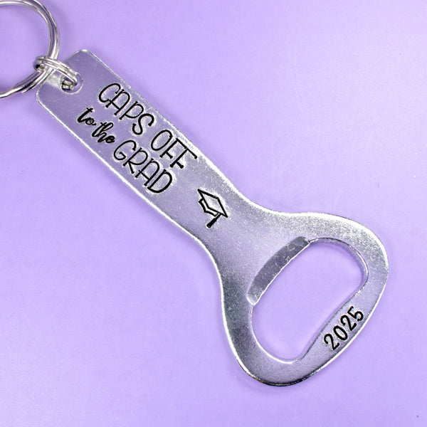"CAPS off to the GRAD" Graduation Bottle Opener with customizable year