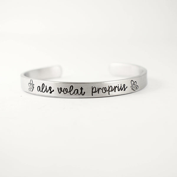 "Alis volat propriis" - She flies with her own wings Cuff Bracelet - Your choice of metals - Cuff Bracelets - Completely Hammered - Completely Wired