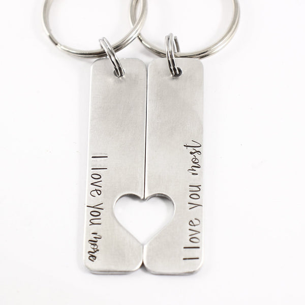 "I love you more" & "I love you most" - Couples Keychain Set - Discounted and Ready to Ship - Completely Hammered