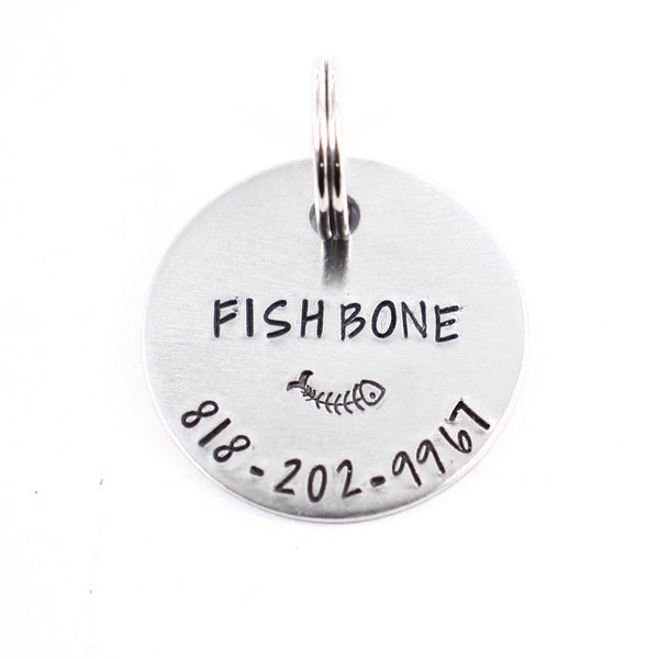1 inch Personalized Cat ID Tag / Cat tag - one side - Name, phone & fish bone stamp only