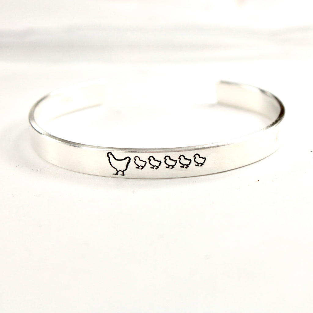 Mother Hen and 5 chicks Sterling Silver Cuff Bracelet - Ready to ship & discounted