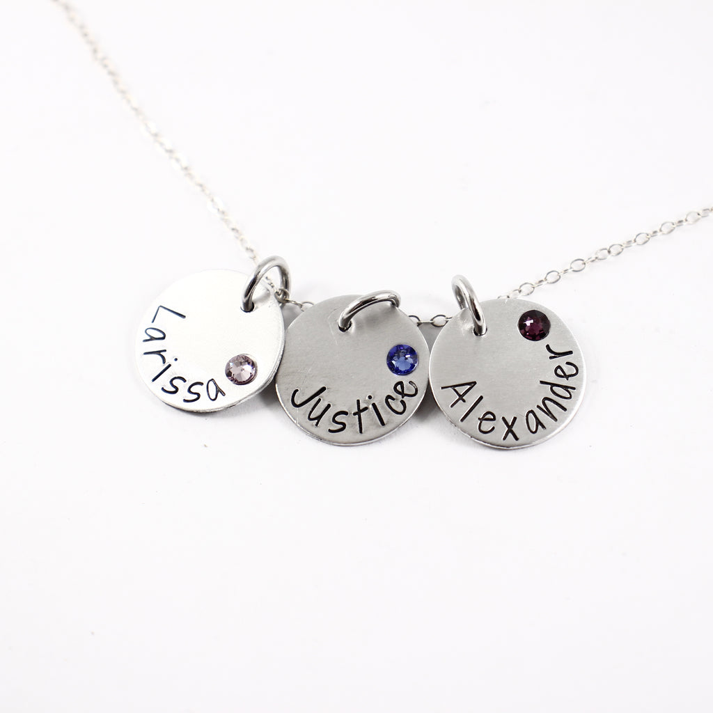 Name charm necklace / Mother necklace - your choice of 1-5 disks with birthstone crystal - Necklaces - Completely Hammered - Completely Wired