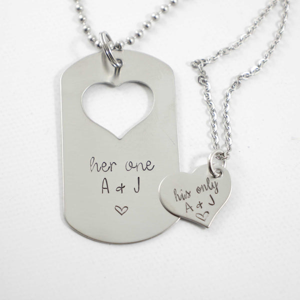 "Her One" & "His Only" dog tag with heart cut out & Heart set - Couples Sets - Completely Hammered - Completely Wired