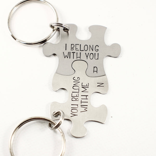 "I belong with you You belong with me" Interlocking Puzzle piece keychain set (2 pieces) - Keychains - Completely Hammered - Completely Wired
