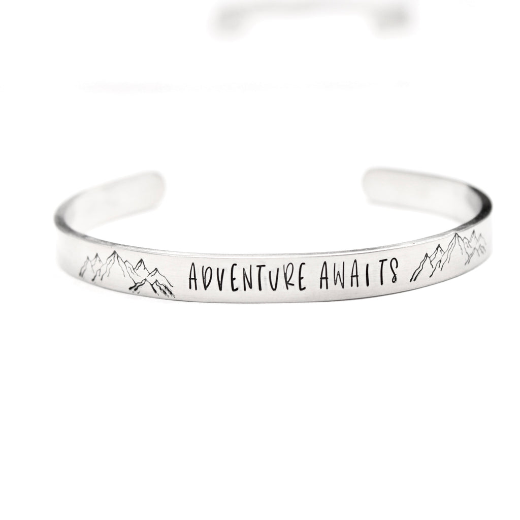 "ADVENTURE AWAITS" Cuff Bracelet - Your choice of metals