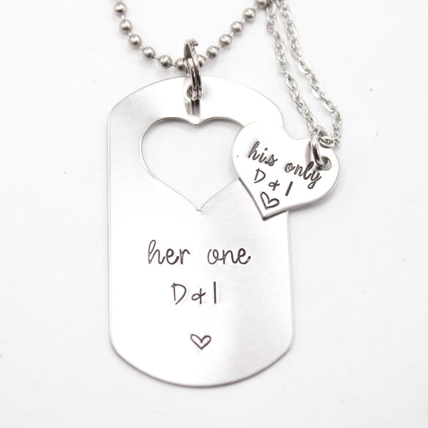 "Her One" & "His Only" dog tag with heart cut out & Heart set