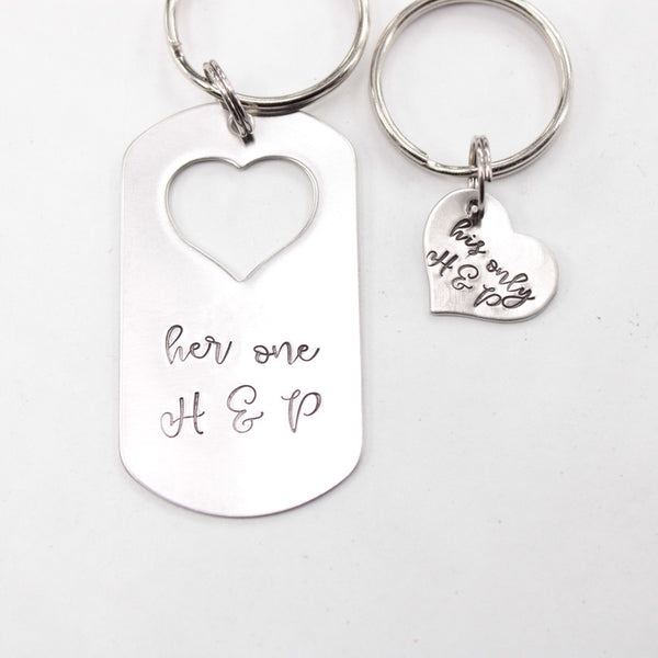 "Her One" & "His Only" dog tag with heart cut out & Heart set