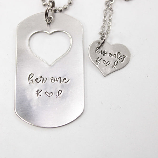 "Her One" & "His Only" dog tag with heart cut out & Heart set