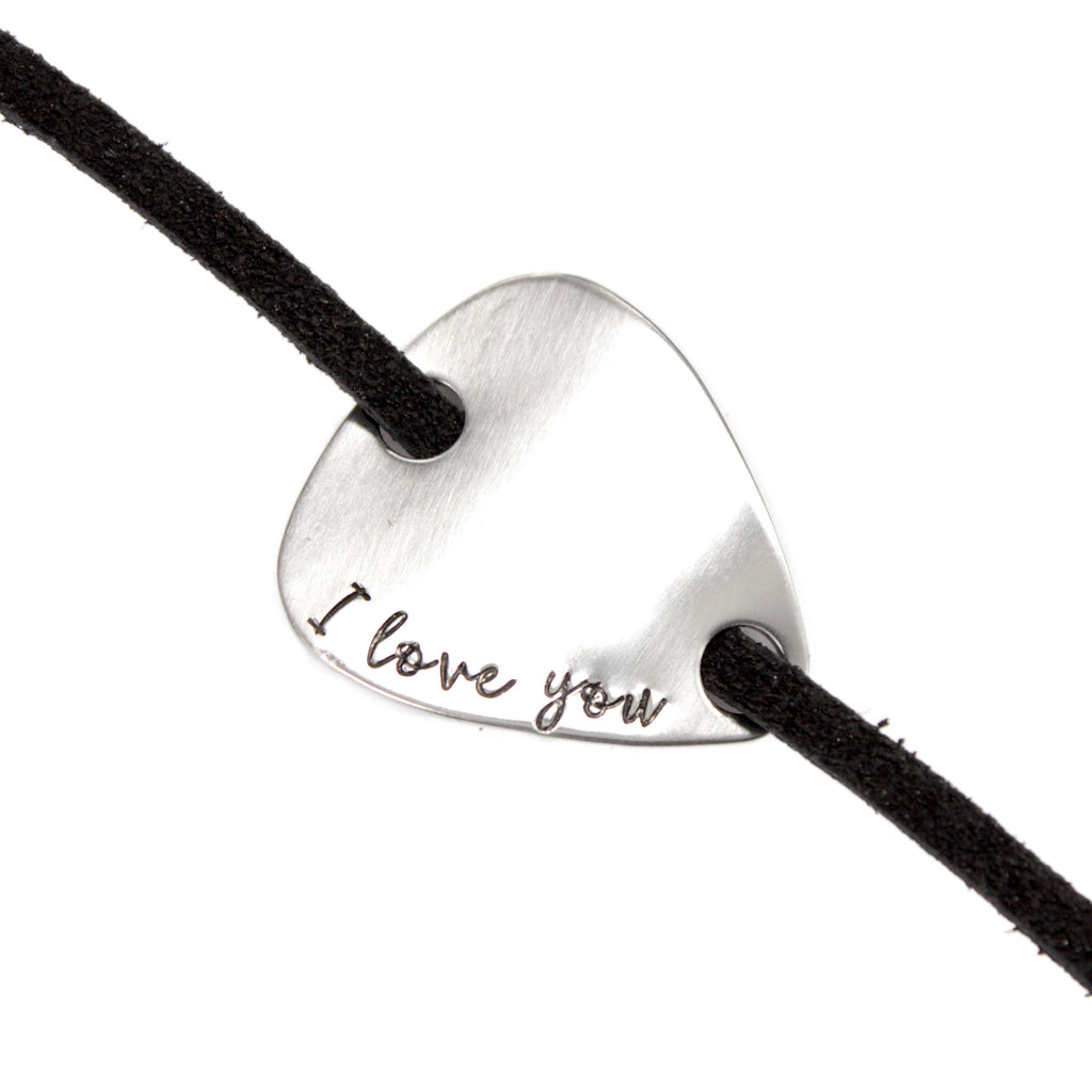 "I love you" Hand stamped Guitar Pick Wrap Pick Bracelet - READY TO SHIP