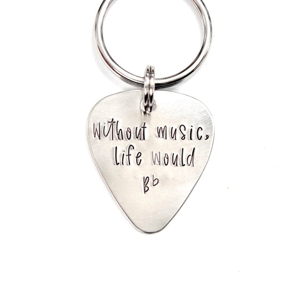 "Without Music, Life Would B Flat" Hand stamped Guitar Pick, Keychain or Wrap Bracelet