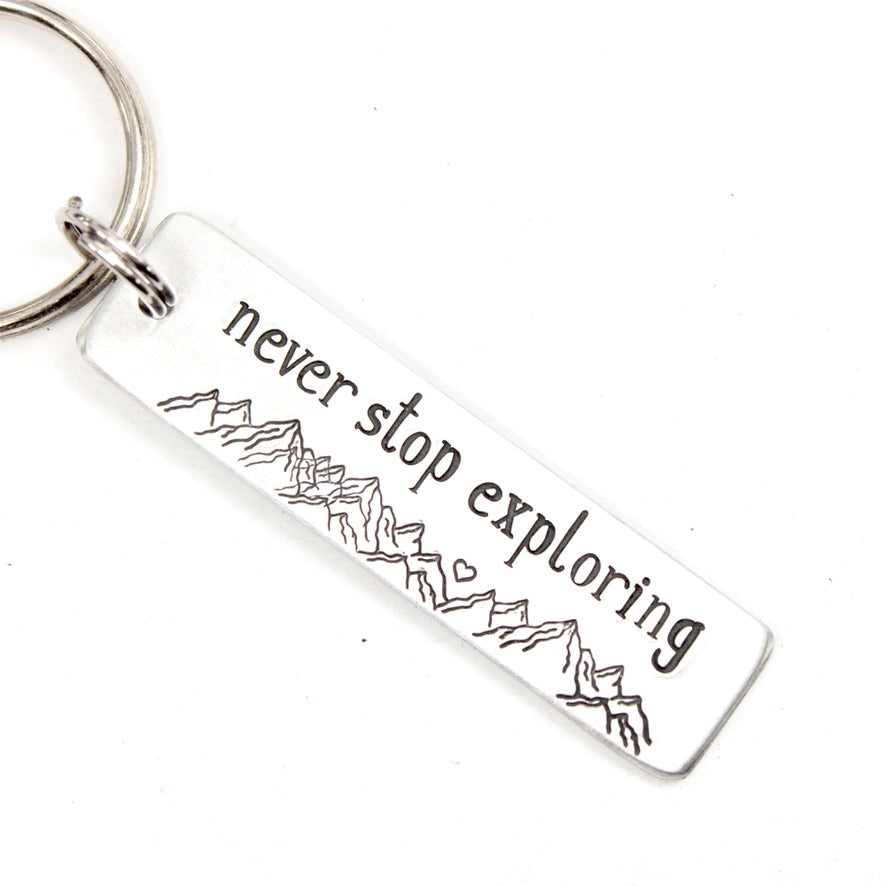 Never stop exploring mountain Keychain - Available in Aluminum or Stainless Steel - Personalizable Back