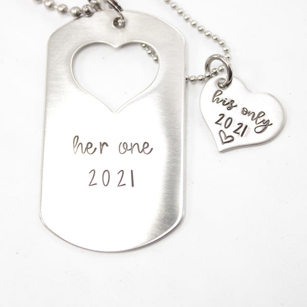 "Her One" & "His Only" dog tag with heart cut out & Heart set