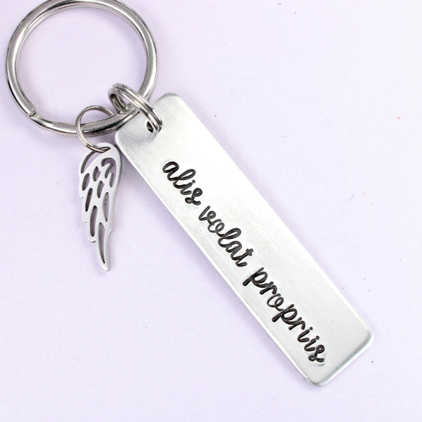 "Alis volat propriis" - She flies with her own wings - Hand Stamped Keychain
