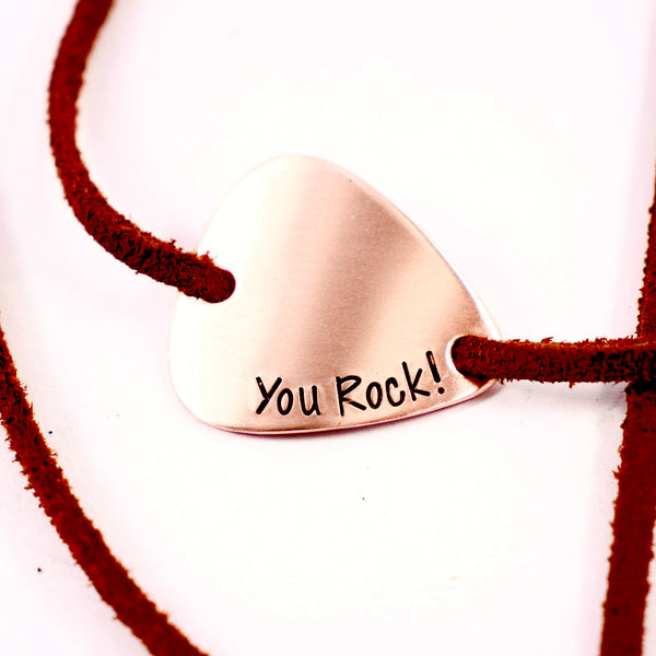 "You Rock!" Hand stamped Guitar Pick Wrap Pick Bracelet - READY TO SHIP
