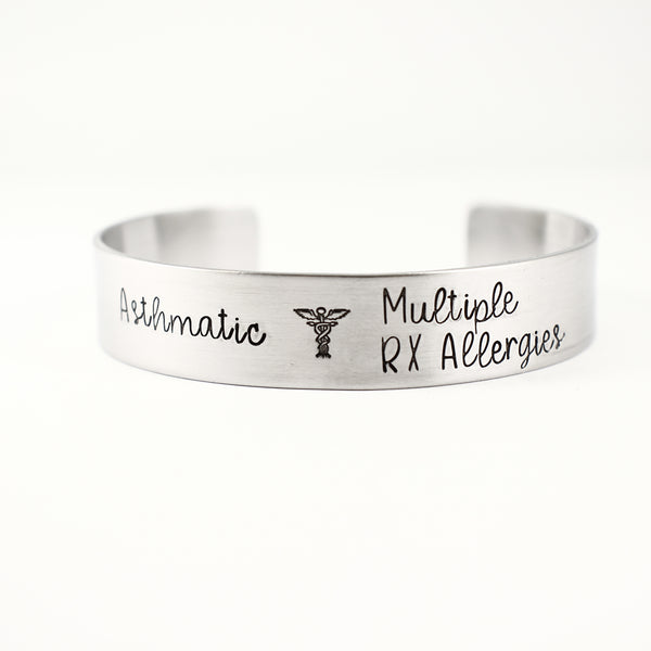 Custom Medical Alert Cuff Bracelet - 1/2" Wide Pure Aluminum or Stainless Steel - Completely Hammered