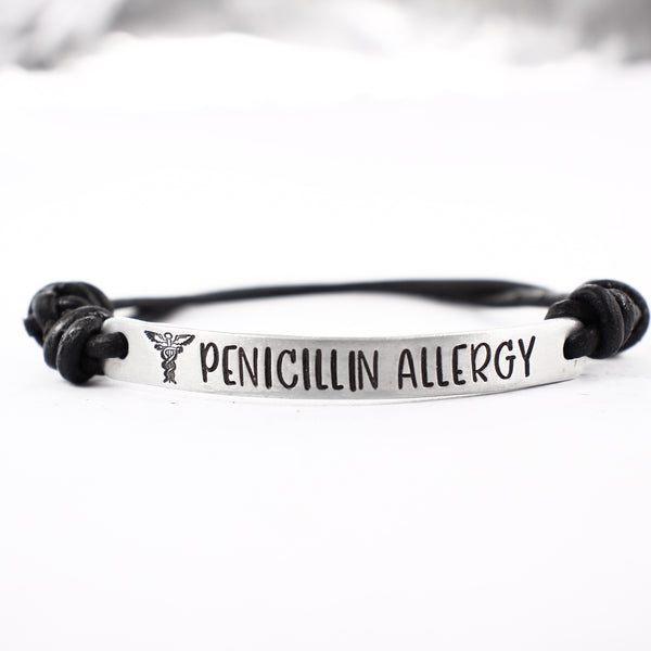 Adjustable Penicillin Allergy bracelet - Hand Stamped Bracelet with Leather Band