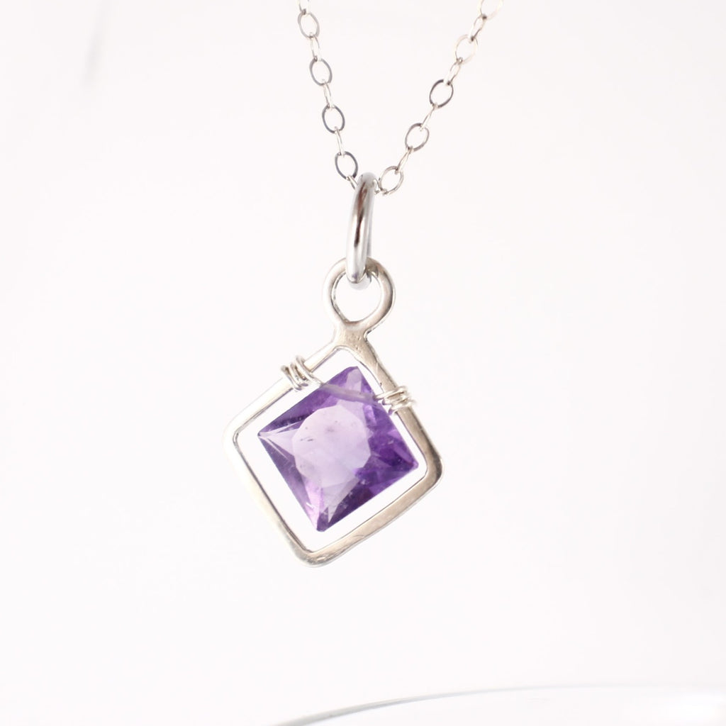 Sterling silver and Princess Cut Amethyst Pendant - Completely Hammered