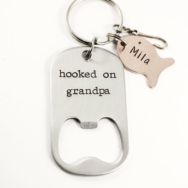 "Hooked on grandpa" Stainless Steel Bottle Opener - Keychains - Completely Hammered - Completely Wired