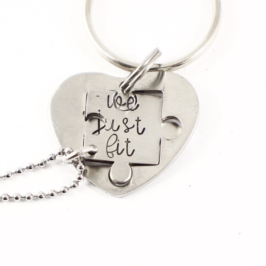 "We just fit" Interlocking Puzzle piece necklace and keychain set (2 pieces) - Discounted and Ready to Ship - Completely Hammered