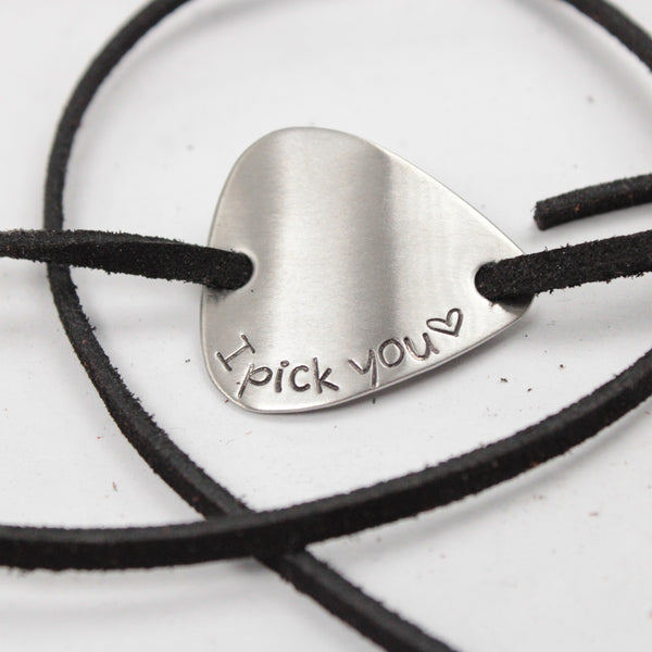 "I pick you" Hand stamped Guitar Pick Wrap Pick Bracelet - READY TO SHIP