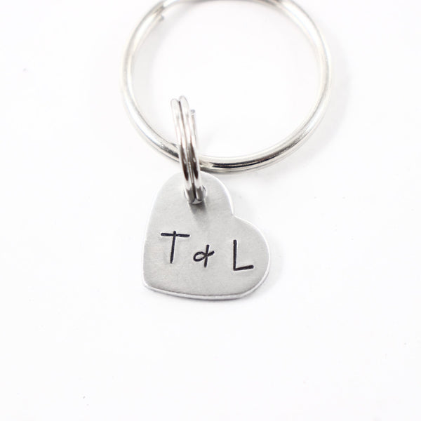 Custom Hand Stamped Two Initial Keychain - Small Heart - Completely Hammered