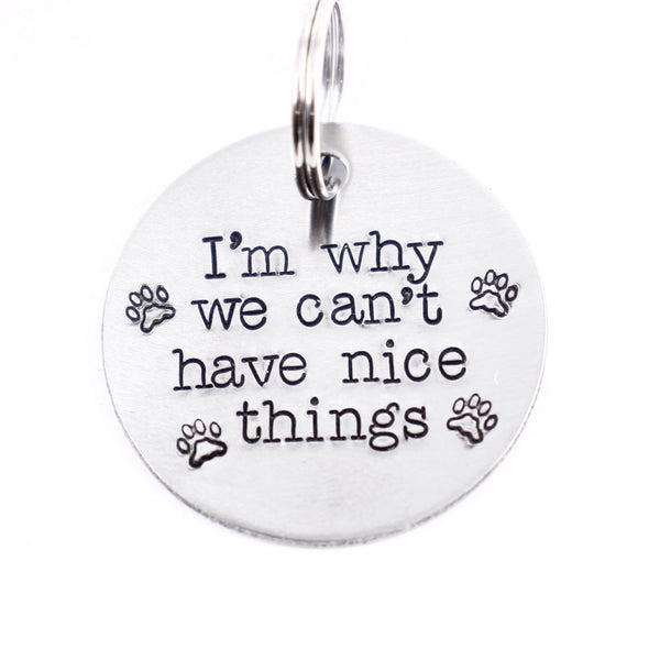 1.25 inch "I'm why we can't have nice things" Pet ID tag - Available in Stainless Steel & Brass