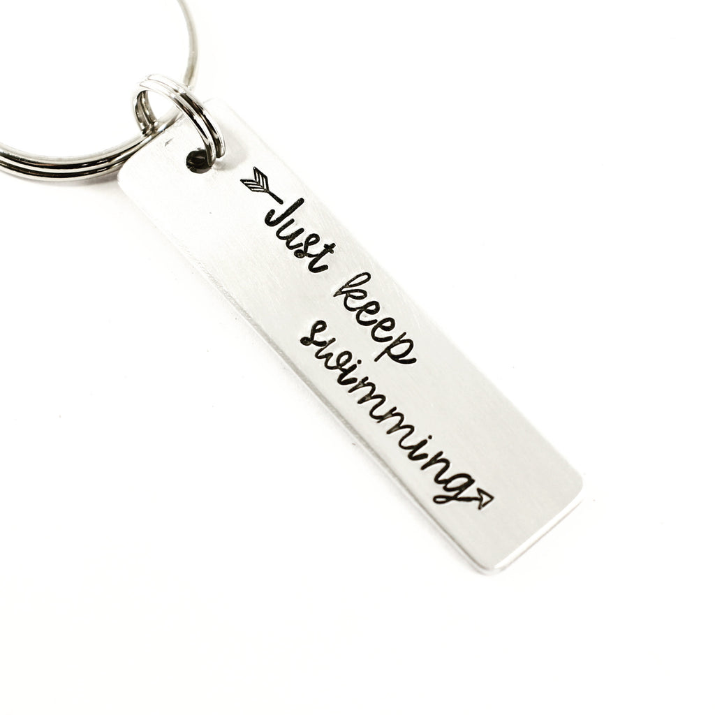 "Just keep swimming" - Hand Stamped Keychain - Medium - Keychains - Completely Hammered - Completely Wired