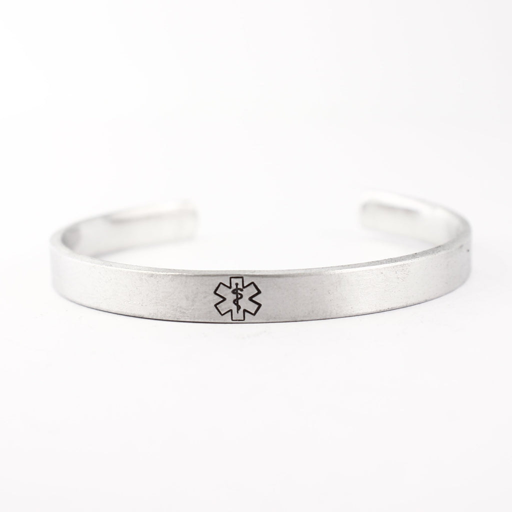 Custom Medical Alert Cuff Bracelet - 1/4" Wide Pure Aluminum or Stainless Steel - Completely Hammered