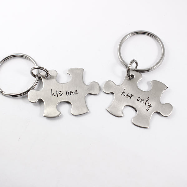 "His One" "Her Only" Interlocking Puzzle piece keychain set (2 pieces) - Completely Hammered