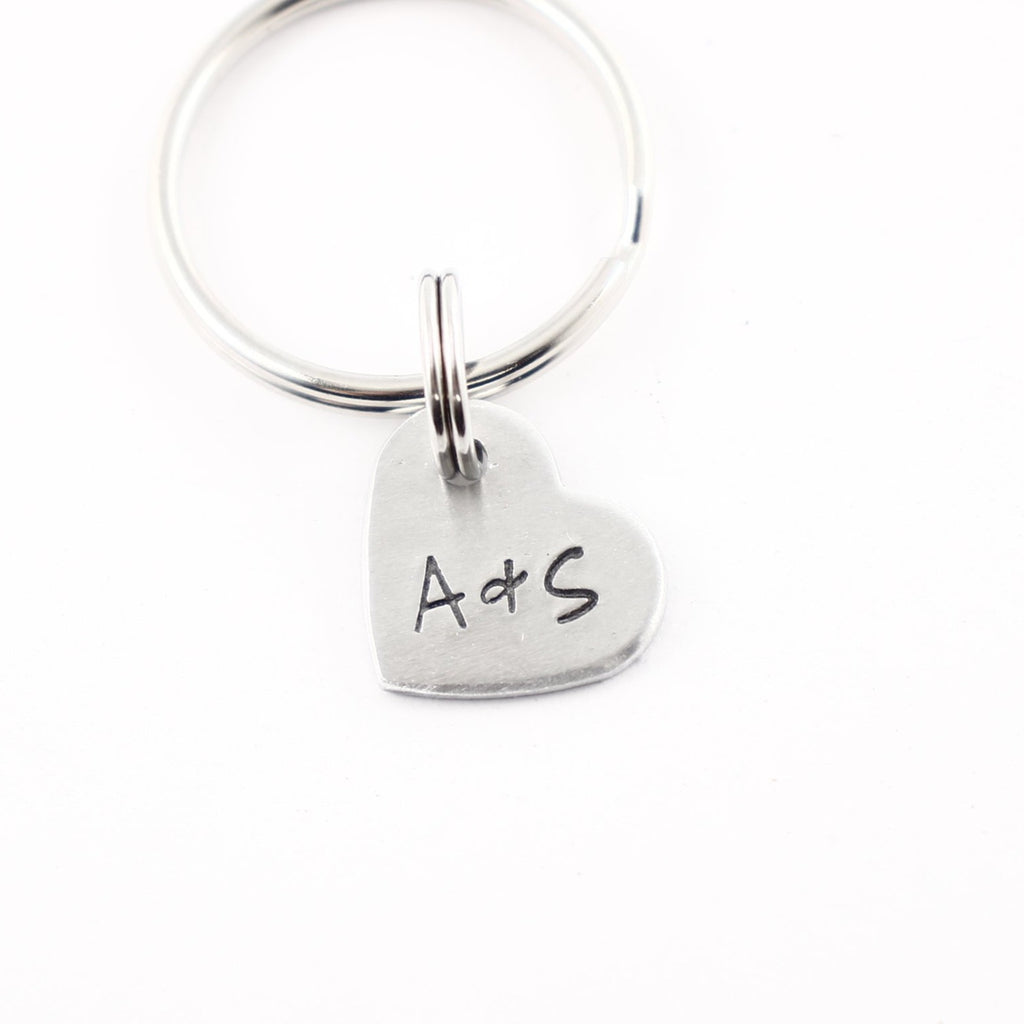 Custom Hand Stamped Two Initial Keychain - Small Heart Keychain