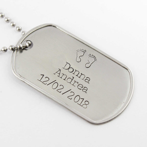 New Dad, Baby feet - Personalized, Dog Tag Necklace / keychain - Completely Hammered