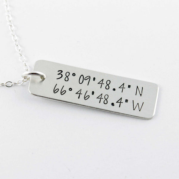 Custom GPS Coordinate Charm / Pendant with Chain - Completely Hammered