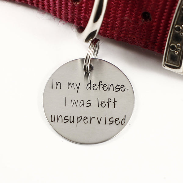 1.25 inch "In my defense, I was left unsupervised" pet ID tag - PET ID TAGS - Completely Hammered - Completely Wired