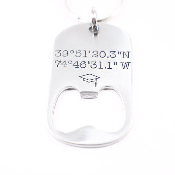 GPS Graduation Cap Bottle Opener Keychain