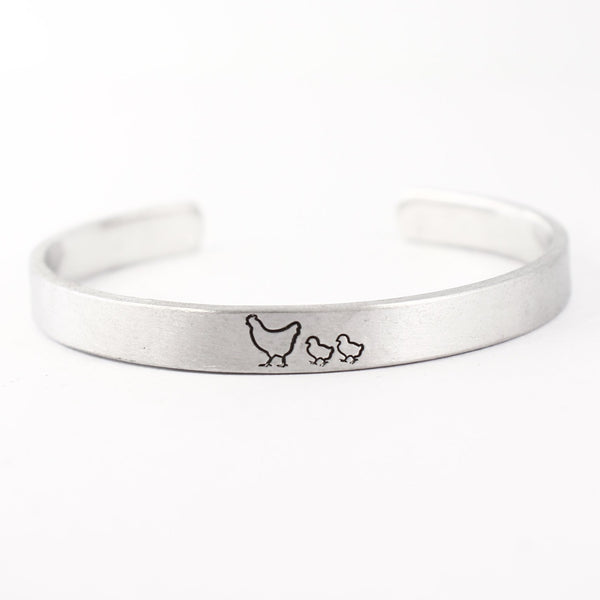 "Mother Hen" Bracelet with your choice of 1-7 chicks - Your choice of metals - Completely Hammered