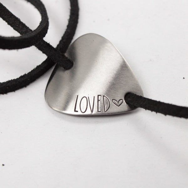 "Loved" Hand stamped Guitar Pick Wrap Pick Bracelet - READY TO SHIP