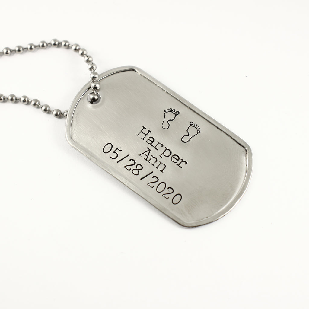 New Dad, Baby feet - Personalized, Dog Tag Necklace / keychain - Completely Hammered