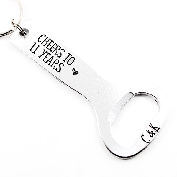 "Cheers to ... Years" Personalized, Anniversary Birthday Bottle Opener Keychain