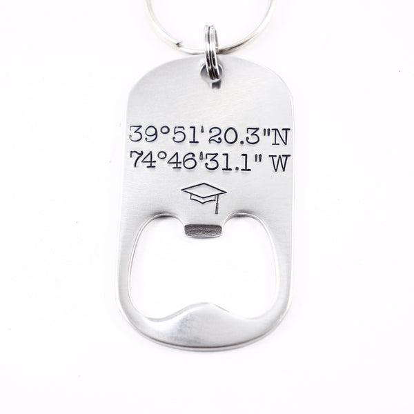 GPS Graduation Cap Bottle Opener Keychain