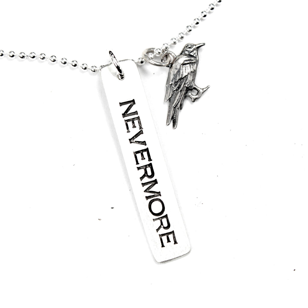 "NEVERMORE" necklace with Raven charm - Hand Stamped Sterling Silver