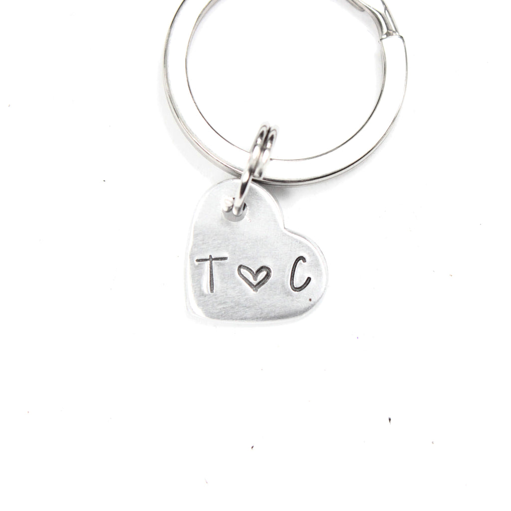 Custom Hand Stamped Two Initial Keychain - Small Heart Keychain