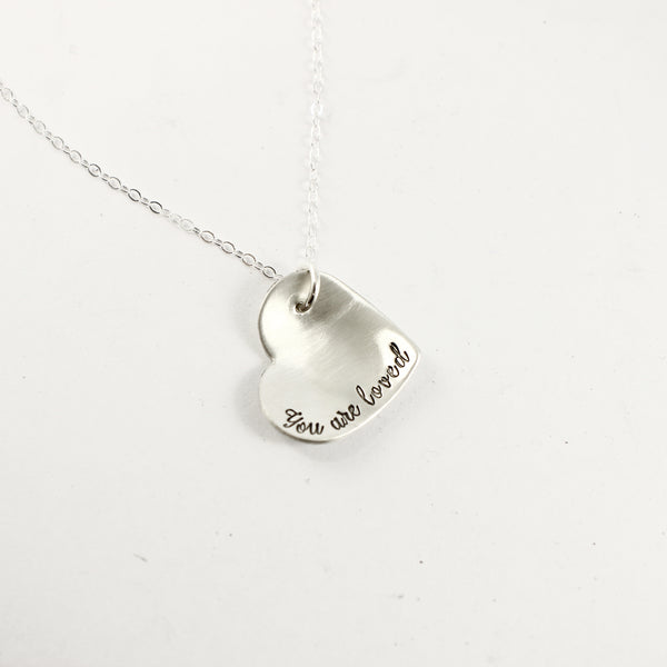 "You are loved" Sterling Silver Heart Charm Necklace - Necklaces - Completely Hammered - Completely Wired