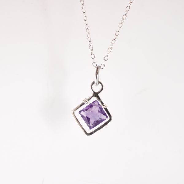 Sterling silver and Princess Cut Amethyst Pendant - Completely Hammered