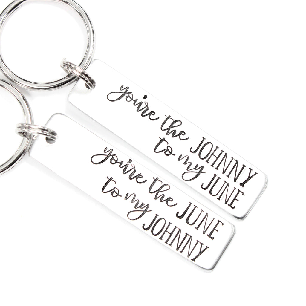 "You're the Johnny to My June" and "You're the June to my Johnny" Keychains