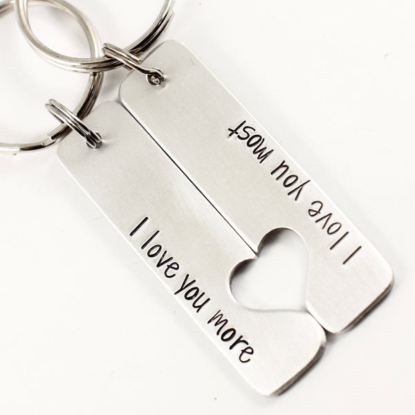 "I love you more" & "I love you most" Couples Keychain Set - Keychains - Completely Hammered - Completely Wired
