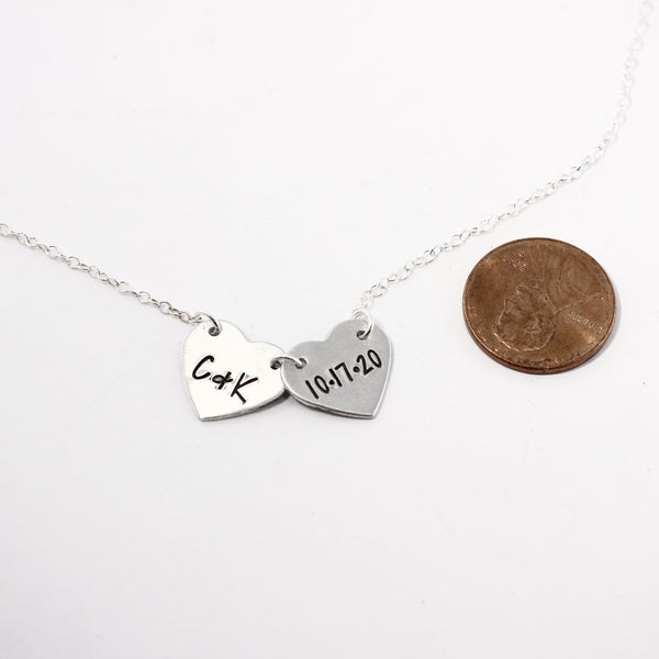 Heart Necklace 1-2 Hearts with initials - Sterling Silver - Completely Hammered