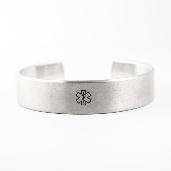 Custom Medical Alert Cuff Bracelet - 1/2" Wide Pure Aluminum or Stainless Steel - Completely Hammered